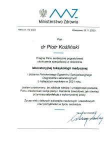 List gratulacyjny Ministra Zdrowia. Kliknij, aby powiększyć zdjęcie.